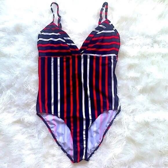 Ocean Pacific Striped One Piece Swim Bikini Beach Pool Party Blue Red XL Large - Picture 1 of 4